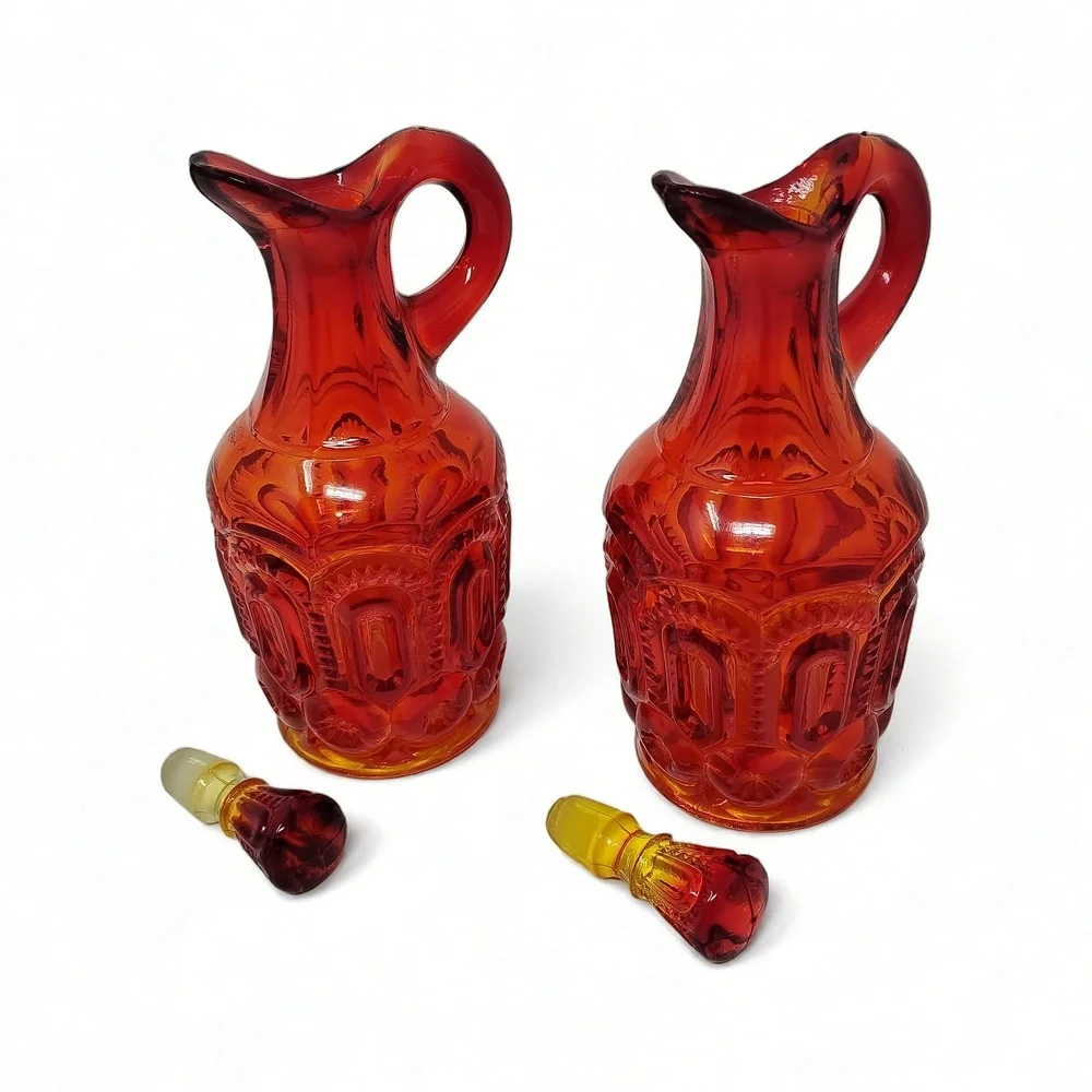 LE Smith Amberina Moon and Stars Cruets Pair With Stoppers MCM Glass